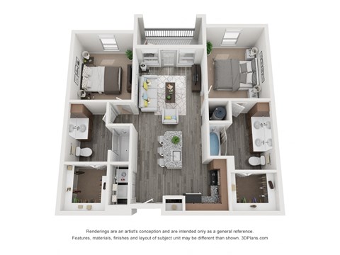 Floor plan for 2 beds, 2 baths, 979 sqft